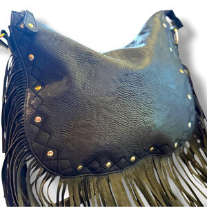Western vegan leather shoulder bag black women’s purse with fringe large